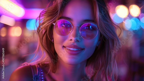 Nightclub Fun: Smiling Woman with Sunglasses in Purple and Pink Lights