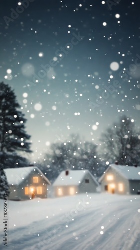 Snowfall over cozy winter homes at dusk with soft lights illuminating the sce...