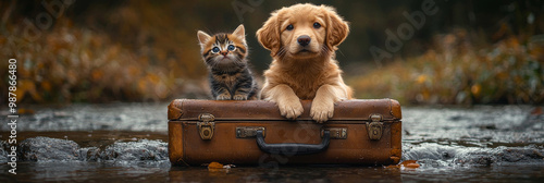Golden Retriever puppy and tabby kitten perched on a vintage suitcase.
