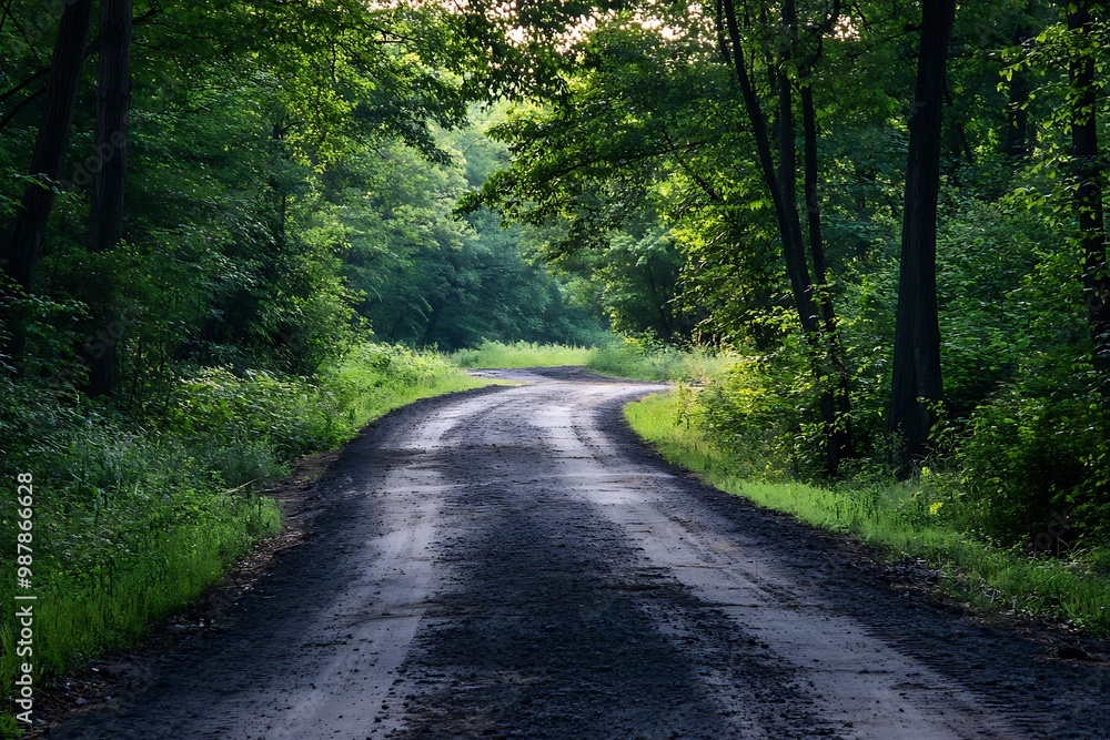 Winding dirt road through a lush green forest, a serene and peaceful landscape. Winding dirt road through a lush green forest, a serene and peaceful landscape.