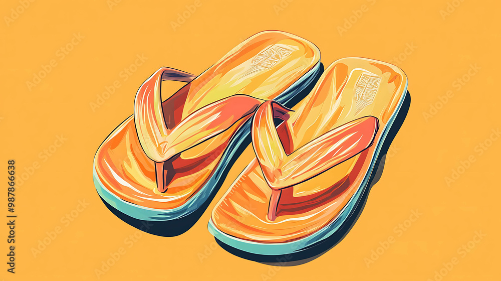 Fototapeta premium Two bright yellow and orange flip-flops on an orange background.
