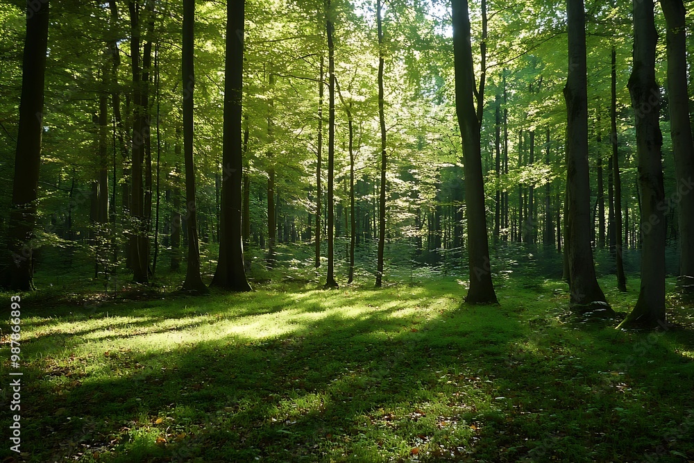 Fototapeta premium Sunbeams through trees in a lush green forest