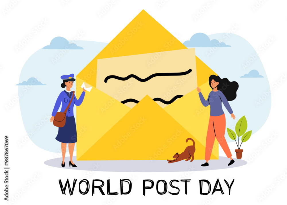 Fototapeta premium Celebrating World Post Day with a postal worker and a woman by a giant envelope