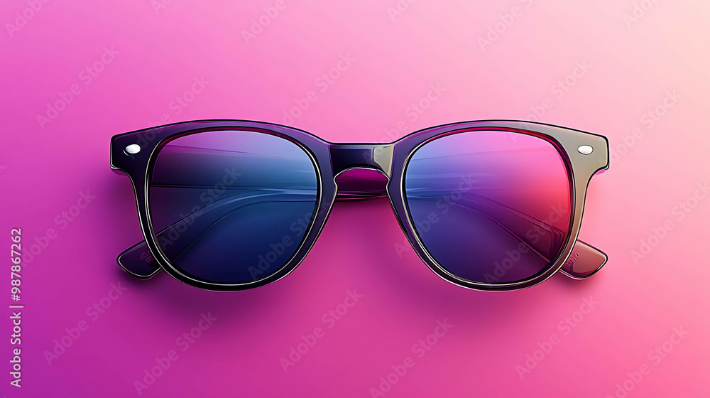 Black sunglasses with gradient lenses on a pink background. Black sunglasses with gradient lenses on a pink background.