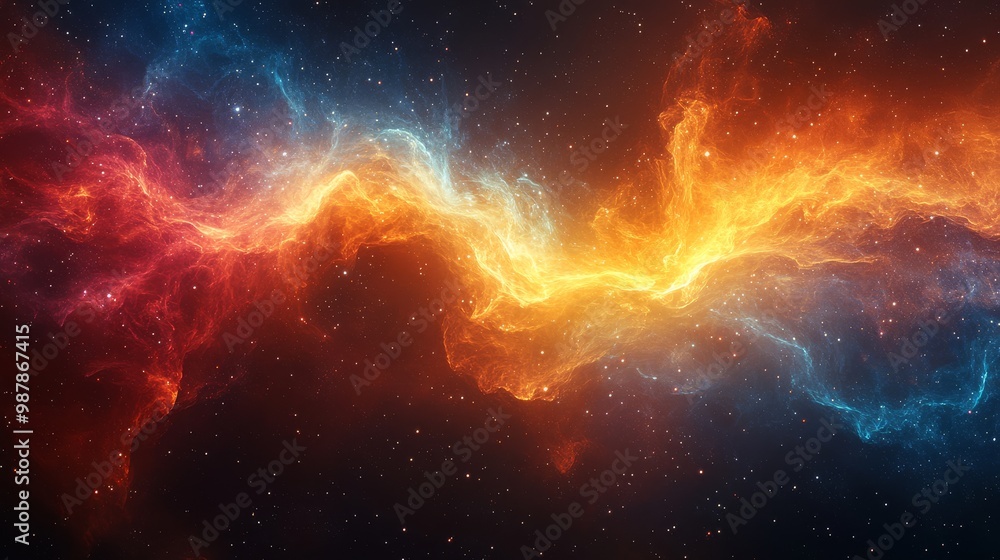 Fototapeta premium A stunning celestial scene featuring a colorful nebula, with swirling clouds of blue and orange gas interspersed with stars, capturing the beauty of outer space.