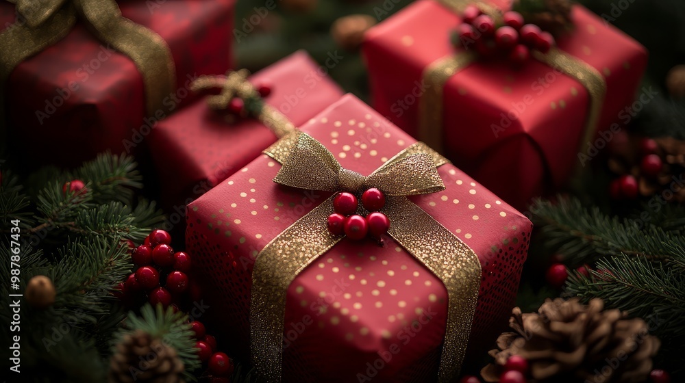 Beautifully wrapped Christmas gifts adorned with golden ribbons, red berries, and pinecones, set among pine branches, evoking the festive holiday spirit. Beautifully wrapped Christmas gifts adorned with golden ribbons, red berries, and pinecones, set among pine branches, evoking the festive holiday spirit.