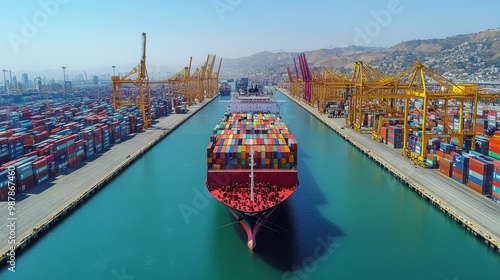 A large container ship docked at a bustling port, surrounded by colorful shipping containers and cranes, exemplifying international trade and maritime logistics. photo