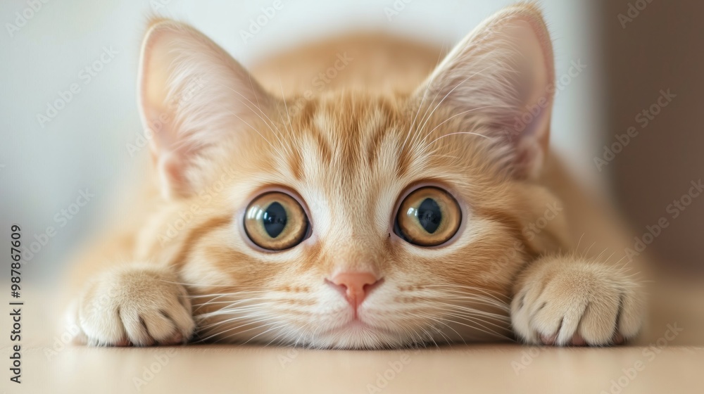 Adorable Orange Kitten with Big Wide Eyes, Lying Flat and Staring Intensely, Capturing Innocence and Curiosity in a Close-Up on a Soft Background Adorable Orange Kitten with Big Wide Eyes, Lying Flat and Staring Intensely, Capturing Innocence and Curiosity in a Close-Up on a Soft Background