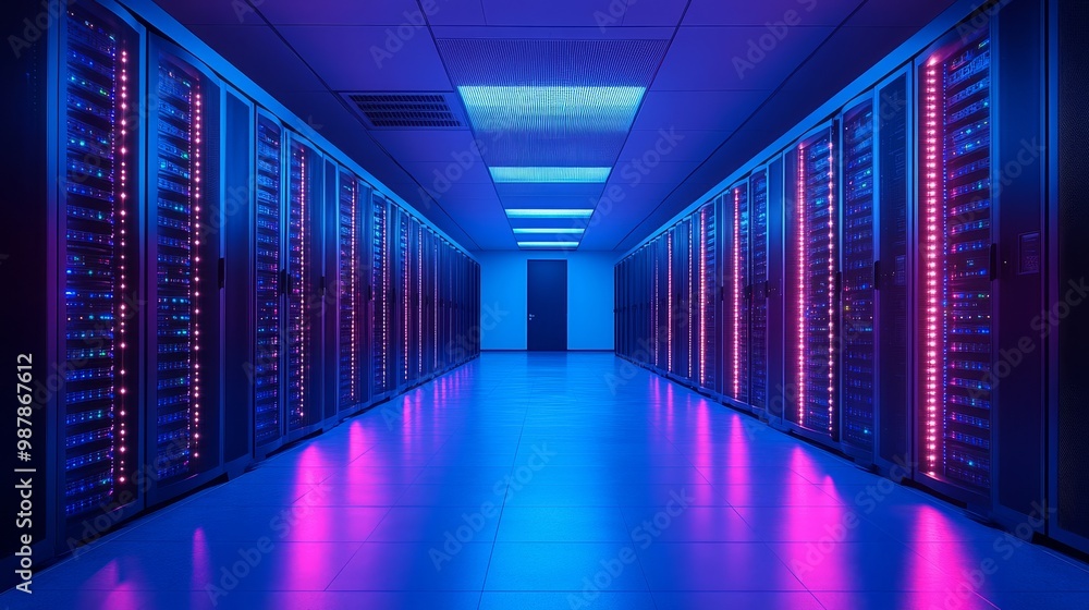 A futuristic and high-tech server room illuminated with glowing neon lights, showcasing rows of servers that symbolize the backbone of digital infrastructure and information technology. A futuristic and high-tech server room illuminated with glowing neon lights, showcasing rows of servers that symbolize the backbone of digital infrastructure and information technology.