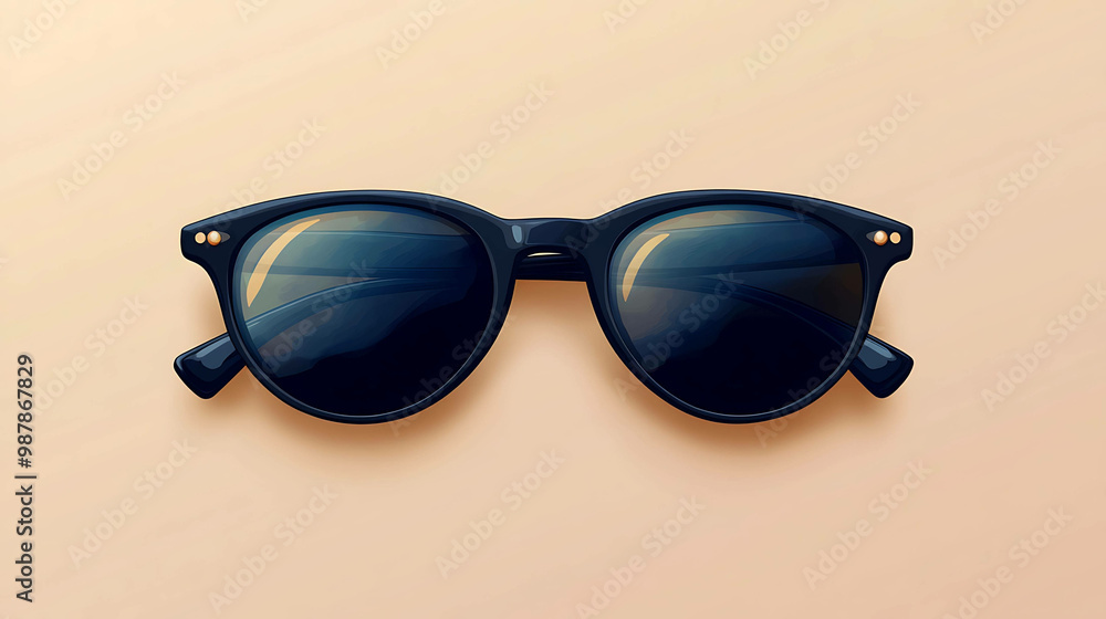 A pair of classic black sunglasses with a gold accent on a peach background. A pair of classic black sunglasses with a gold accent on a peach background.