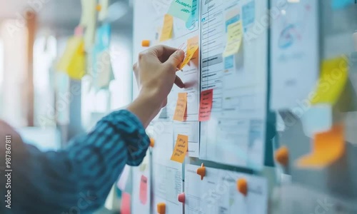 Manager places sticky notes on a glass wall, organizing ideas and strategies for effective project management in the office photo