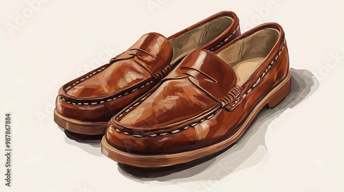 Pair of brown leather loafers on a white background.