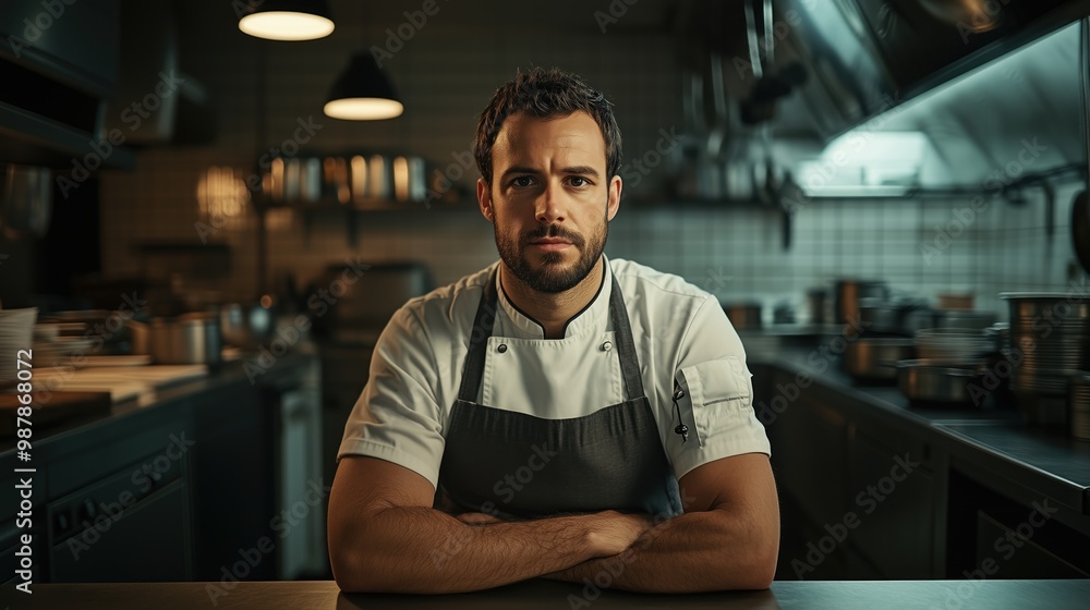 Experienced chef sitting in a dimly lit kitchen after a long day, wearing his professional chef’s uniform, reflecting on the intensity of his culinary work Experienced chef sitting in a dimly lit kitchen after a long day, wearing his professional chef’s uniform, reflecting on the intensity of his culinary work