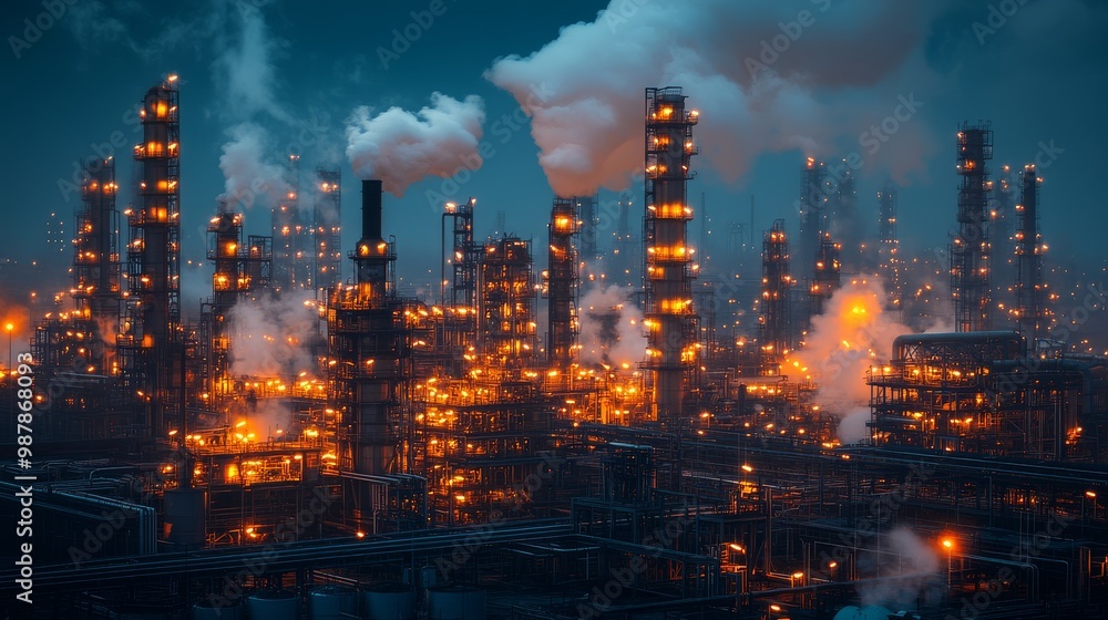 An industrial landscape featuring a factory illuminated at night, with multiple chimneys and intricate piping, showcasing the intensity and power of industrial manufacturing processes. An industrial landscape featuring a factory illuminated at night, with multiple chimneys and intricate piping, showcasing the intensity and power of industrial manufacturing processes.