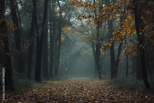 Mysterious Foggy Forest Path in Autumn, Nature Photography