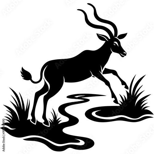 Graceful Antelope Silhouette Leaping Over Stream Vector Black Art