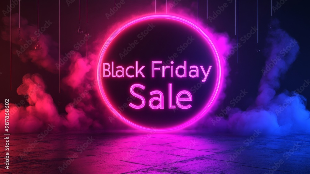 Fototapeta premium The image features 'Black Friday Sale' text encircled by glowing pink neon lights, against a smoky dark background, highlighting an energetic and contemporary style.