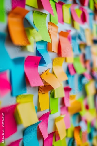 Colorful sticky notes cover a white wall, showcasing cohesive teamwork and association