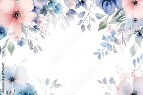 Watercolor floral border with pink and blue flowers and leaves on a white background.