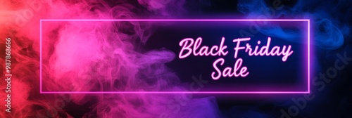 A bold neon sign in shades of pink and blue declares a Black Friday Sale, set against a backdrop of swirling pink smoke, creating a dynamic and high-energy visual. photo