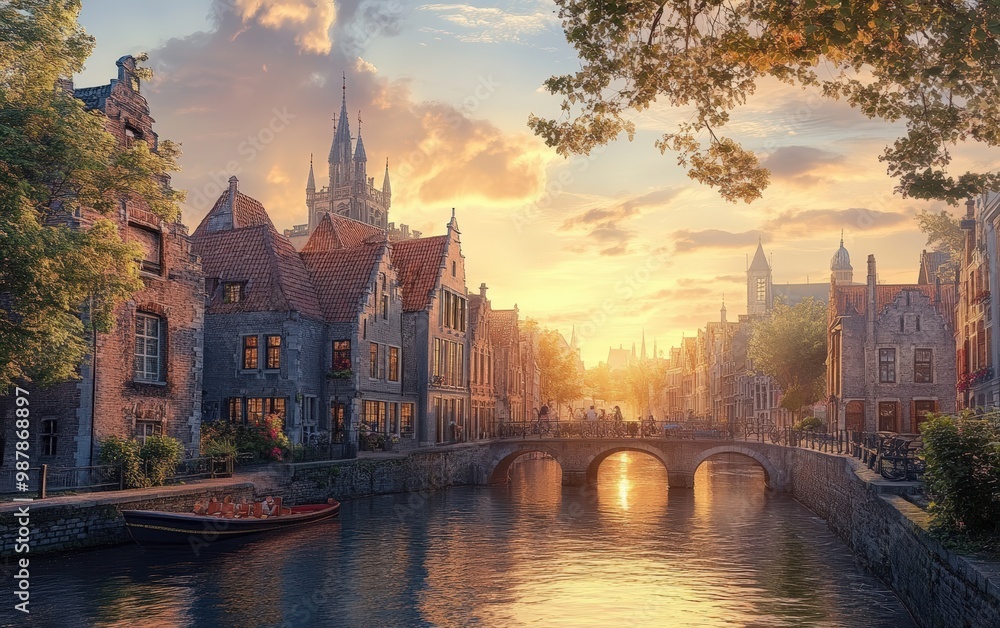 Fototapeta premium Beautiful city with river on sunsat background