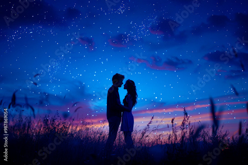 Couple's romantic gaze during a starlit night.