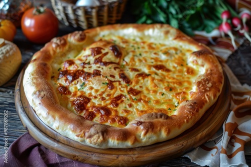 Delicious round ossetian pie lying on a wooden plate, surrounded by vegetables on a dark wooden table photo