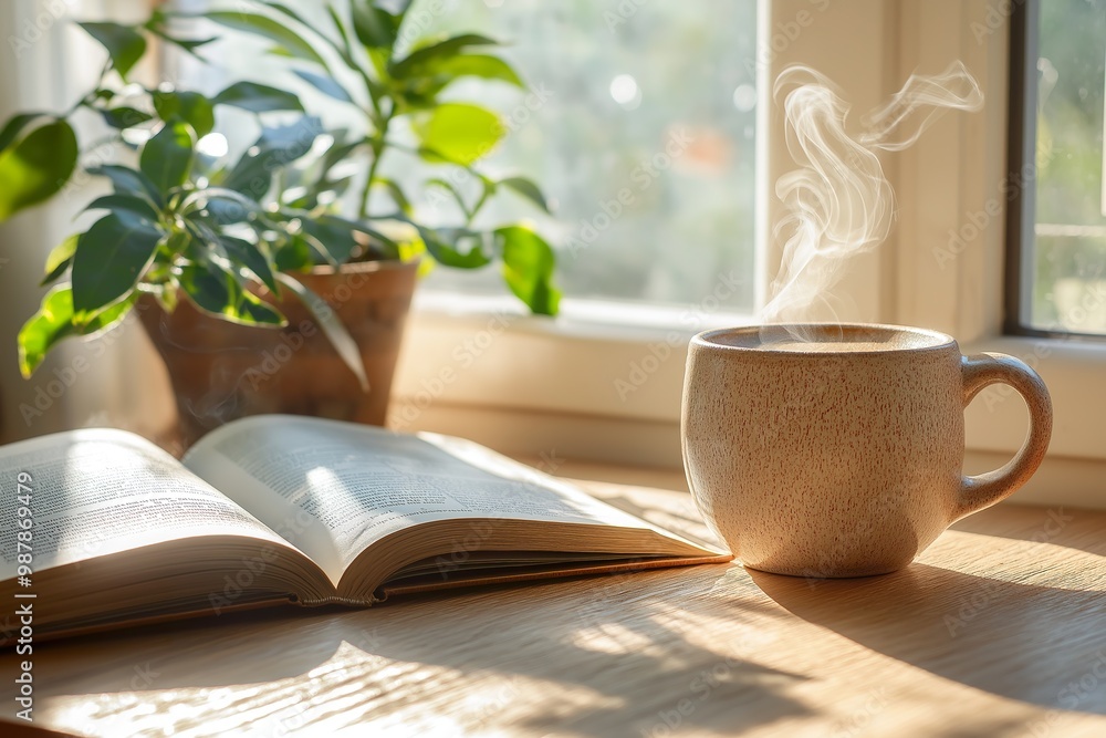 Cozy morning with a steaming mug of coffee and an open book next to a sunlit window and a potted plant Cozy morning with a steaming mug of coffee and an open book next to a sunlit window and a potted plant