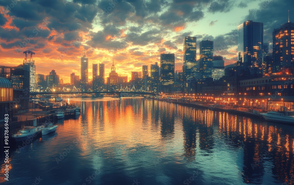 Obraz premium Beautiful city with river on sunsat background