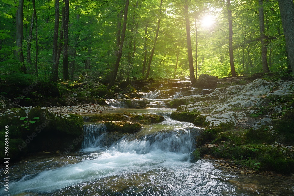 Sun shining through forest canopy over small stream flowing over rocks Sun shining through forest canopy over small stream flowing over rocks
