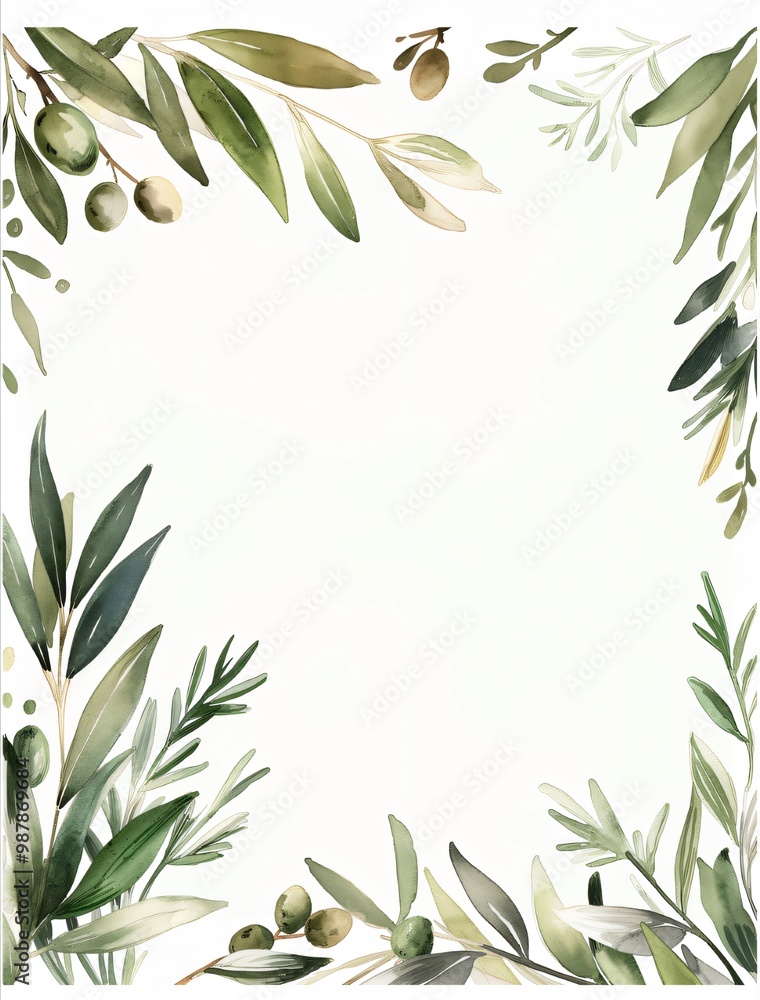 Watercolor frame with green leaves and olives. Watercolor frame with green leaves and olives.
