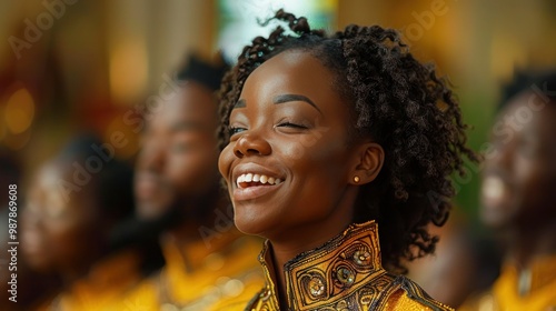 Gospel Choir Performing Traditional Choral Music in Church with Colorful Tunics