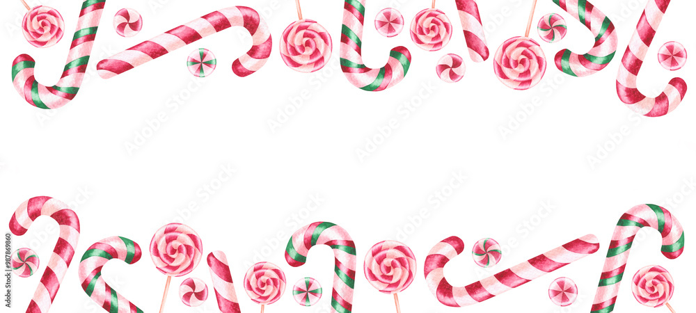 Frame of hand-painted watercolor illustrations of lollipops. Christmas frame made of lollipops and candy canes. Perfect for festive decor for Christmas, birthday, children's party. Frame of hand-painted watercolor illustrations of lollipops. Christmas frame made of lollipops and candy canes. Perfect for festive decor for Christmas, birthday, children's party.