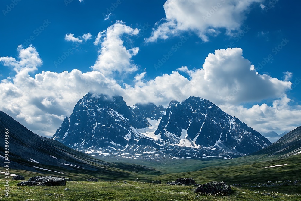 Majestic Mountain Range with Snow Covered Peaks and Lush Green Valley Under a Clear Blue Sky Majestic Mountain Range with Snow Covered Peaks and Lush Green Valley Under a Clear Blue Sky