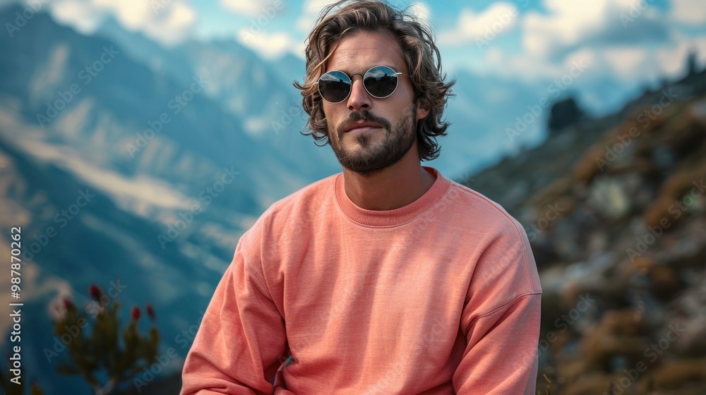 Oversized Pink Crewneck Sweatshirt Mockup on Man with Sunglasses and Mountain Background Oversized Pink Crewneck Sweatshirt Mockup on Man with Sunglasses and Mountain Background