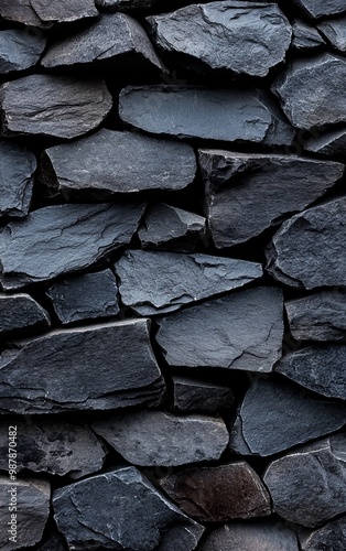 Close-up of a textured stone wall, showcasing dark slate rocks with unique shapes and surfaces for architectural and design projects. photo