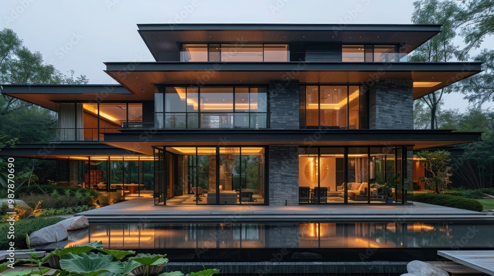 Evening Glow: Front View of Modern Asian Style Villa with Symmetry and Light Evening Glow: Front View of Modern Asian Style Villa with Symmetry and Light