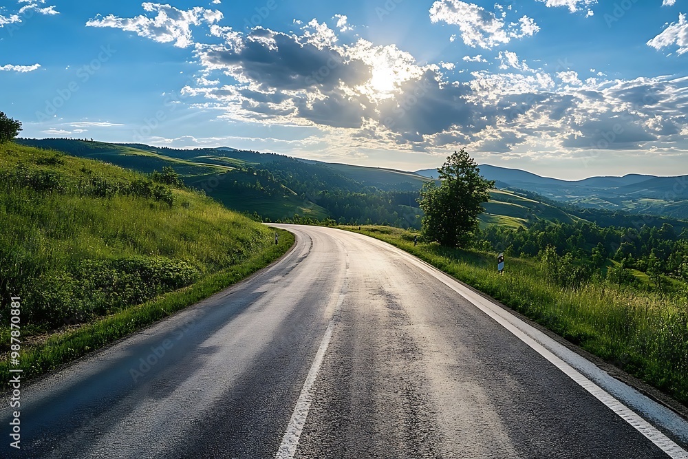 Empty asphalt road leading through green hills towards sun and clouds Empty asphalt road leading through green hills towards sun and clouds