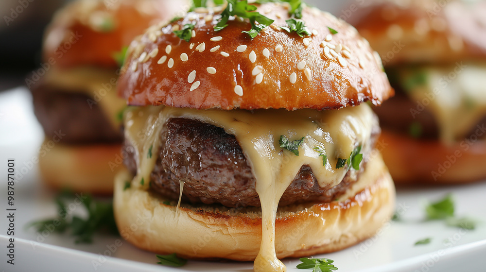 Juicy Beef Slider with Melted Cheese Oozing from Toasted Golden-Brown Bun Sprinkled with Sesame Seeds and Fresh Herbs, Served on a White Plate with Delicious Sliders in the Background Juicy Beef Slider with Melted Cheese Oozing from Toasted Golden-Brown Bun Sprinkled with Sesame Seeds and Fresh Herbs, Served on a White Plate with Delicious Sliders in the Background