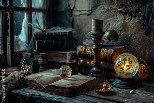 Ancient grimoire laying open on a wooden table surrounded by a crystal ball, candles, and potion bottles