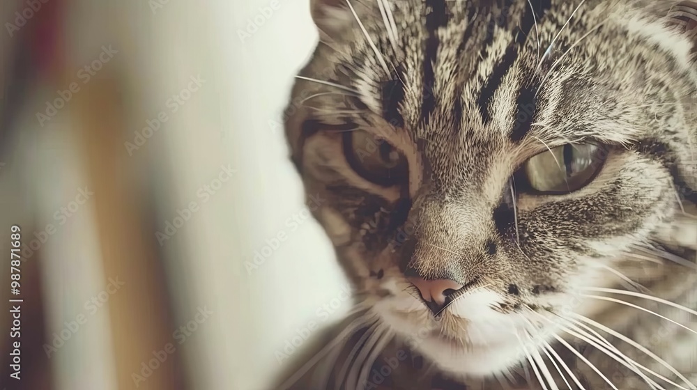 The cat stares intently into the camera. Detailed face of the animal. A piercing look of a pet. Illustration for cover, card, postcard, interior design, decor or print. The cat stares intently into the camera. Detailed face of the animal. A piercing look of a pet. Illustration for cover, card, postcard, interior design, decor or print.