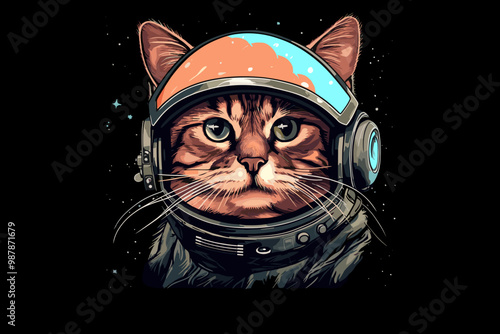 "Cat in Astronaut Helmet Floating in Outer Space with Starry Background"