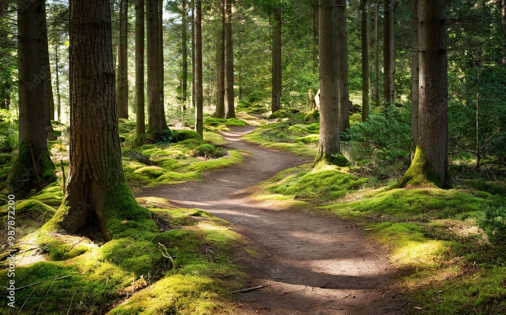 A winding dirt path through a lush green forest, sunlight dappling through the trees. A winding dirt path through a lush green forest, sunlight dappling through the trees.