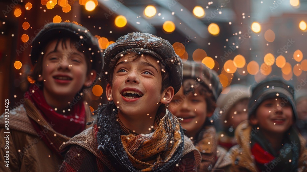 Joyful Teen Carolers Singing Traditional Songs on Christmas Eve in City Street Joyful Teen Carolers Singing Traditional Songs on Christmas Eve in City Street
