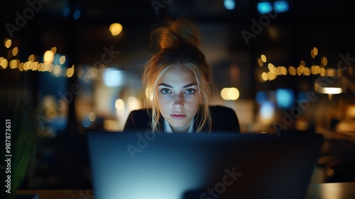 Young Woman Working Late at Night on a Computer in a Modern Office