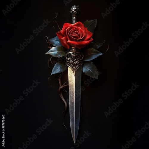 Wallpaper Mural A dagger and a red rose against a black background, Knight sword and red rose flower. copy space Torontodigital.ca