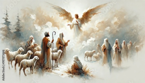 Angelic announcement to the shepherds. Digital watercolor painting.