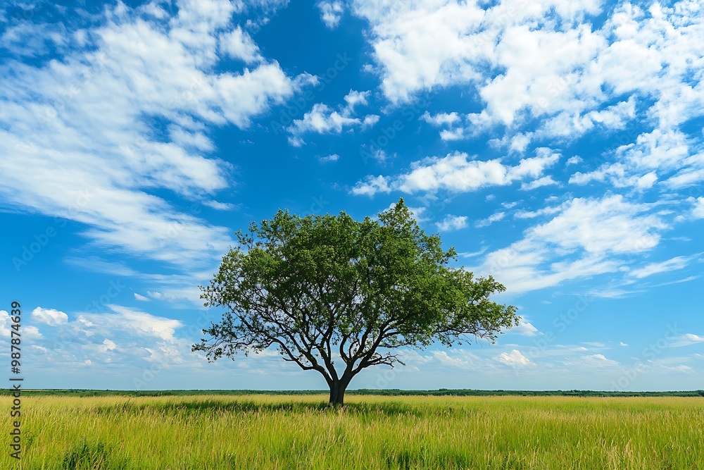Lone Tree in a Field Against a Blue Sky with White Clouds Lone Tree in a Field Against a Blue Sky with White Clouds
