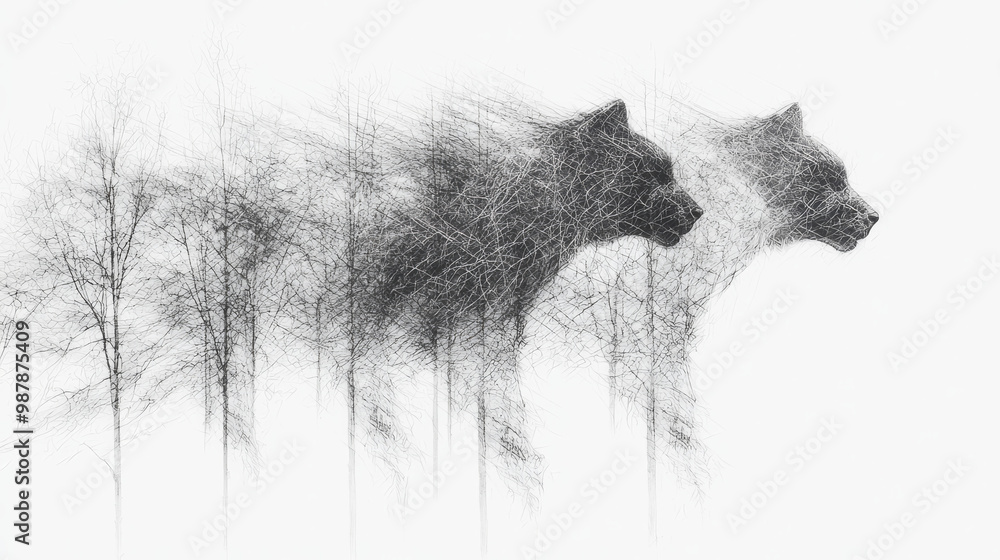 Fototapeta premium Two wolves emerge from a forest of trees.
