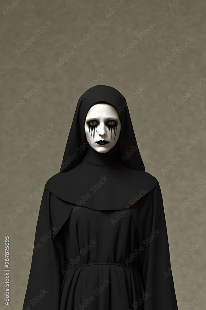 A woman in a nun's habit with black and white makeup on her face A woman in a nun's habit with black and white makeup on her face